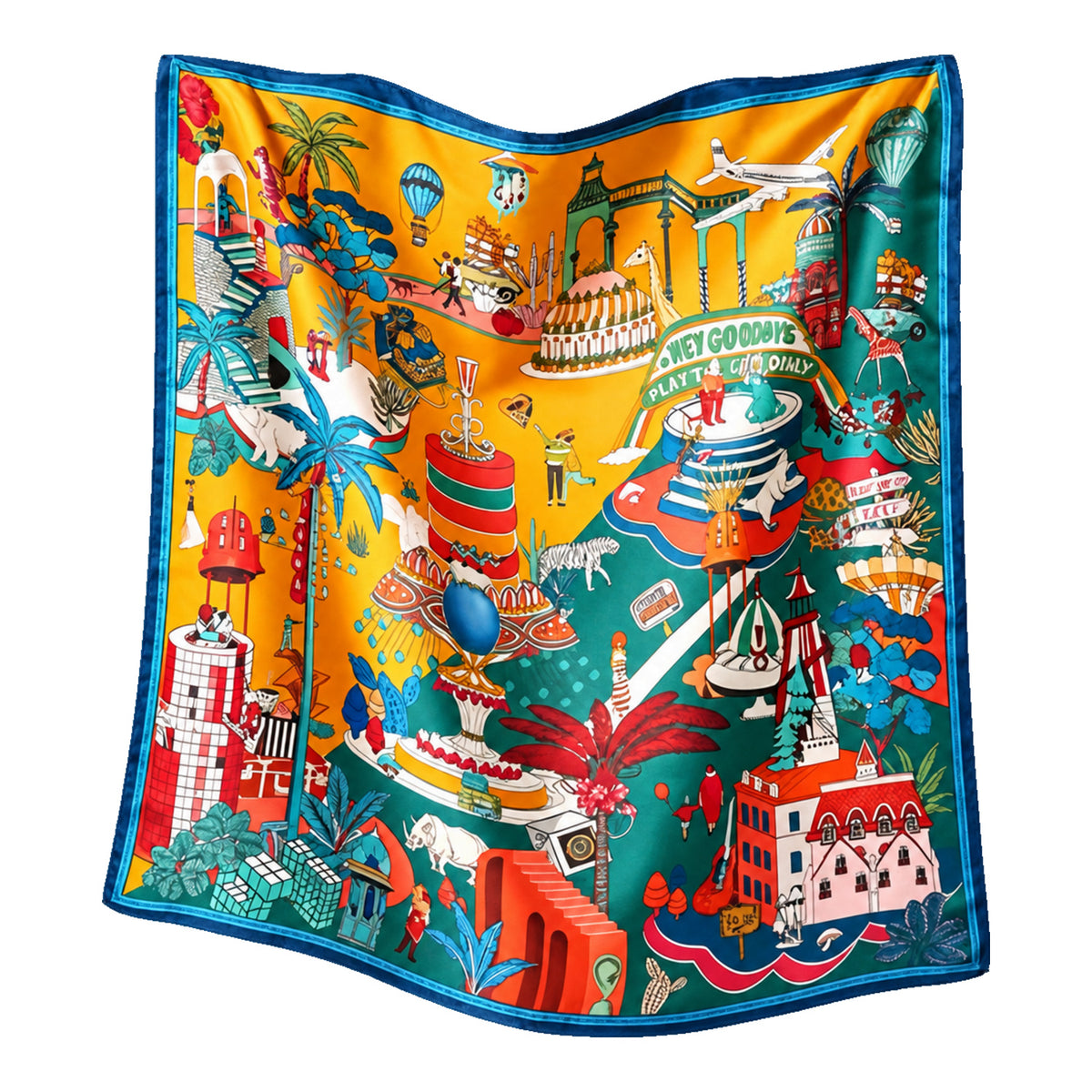 VOYAGE - duża jedwabna apaszka turkusowo-pomarańczowa 90 × 90 cm KAMEA