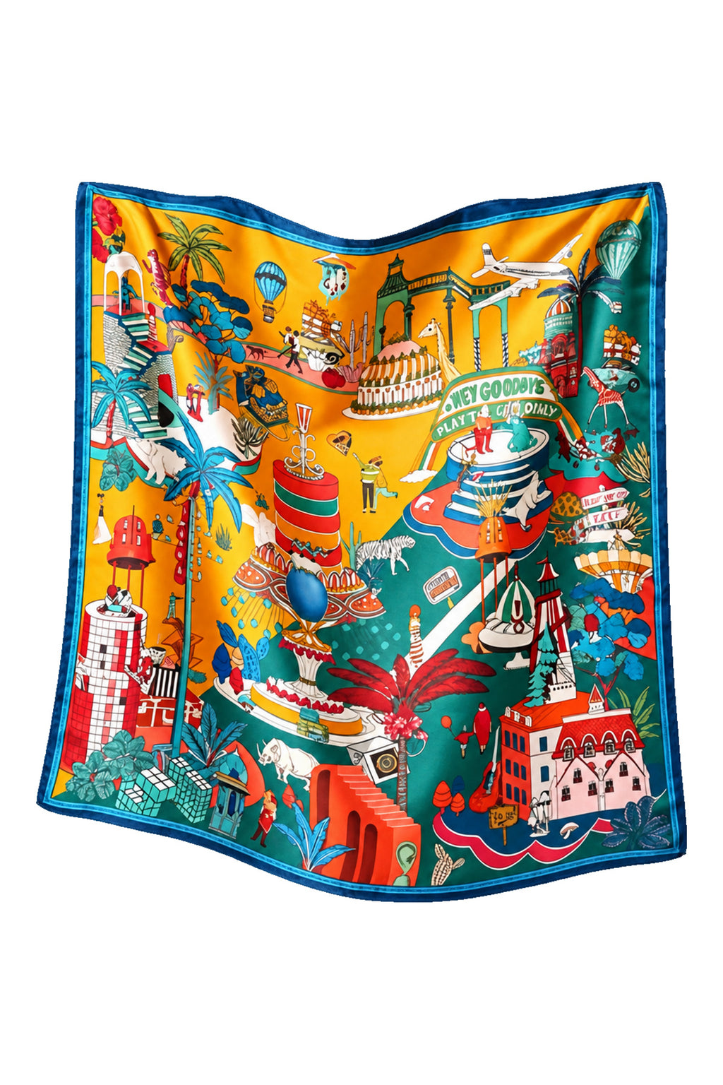 VOYAGE - duża jedwabna apaszka turkusowo-pomarańczowa 90 × 90 cm KAMEA