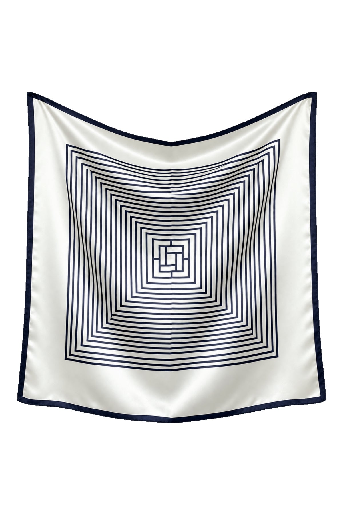 RIVIERA - duża jedwabna apaszka kremowo-granatowa we wzór geometryczny 90 × 90 cm KAMEA