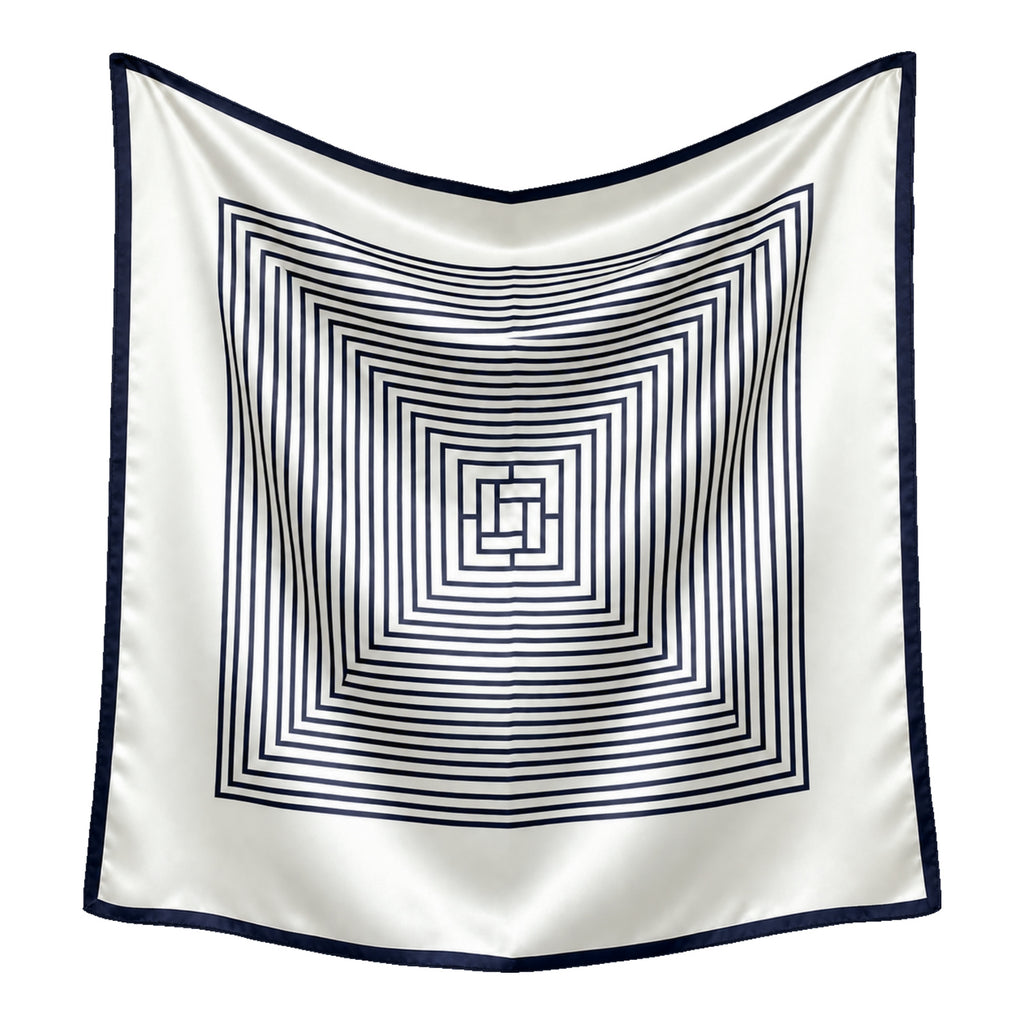 RIVIERA - duża jedwabna apaszka kremowo-granatowa we wzór geometryczny 90 × 90 cm KAMEA