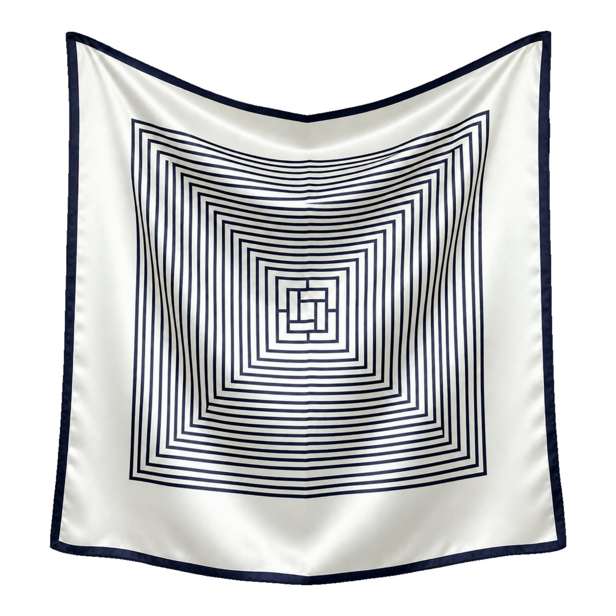 RIVIERA - duża jedwabna apaszka kremowo-granatowa we wzór geometryczny 90 × 90 cm KAMEA