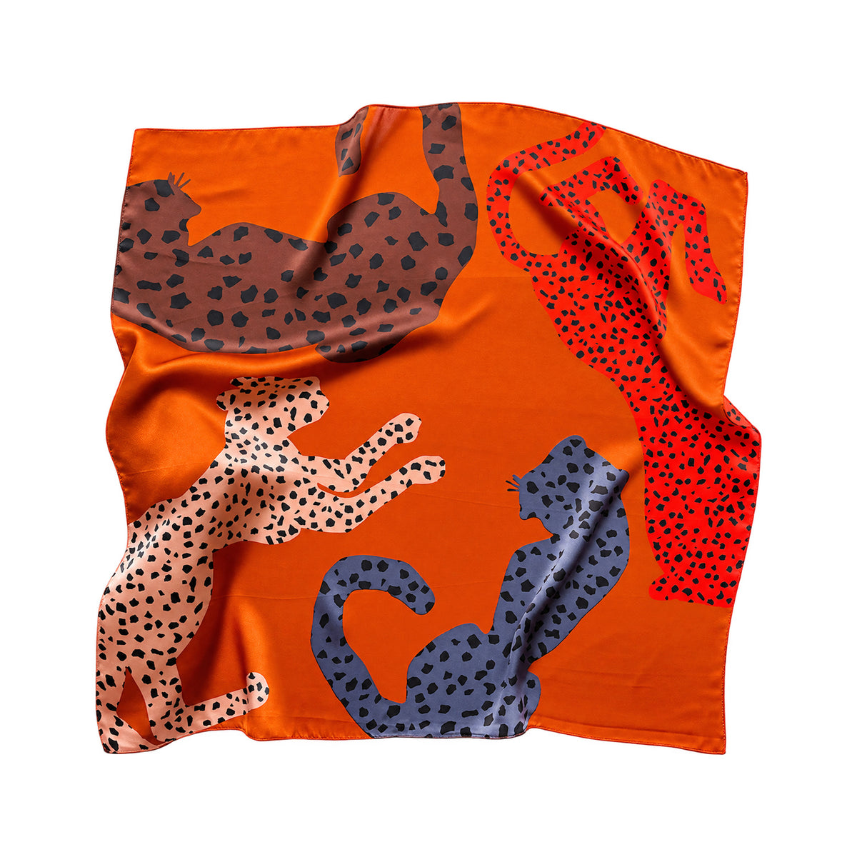 FELINA - pomarańczowa jedwabna apaszka damska w koty 70 × 70 cm KAMEA