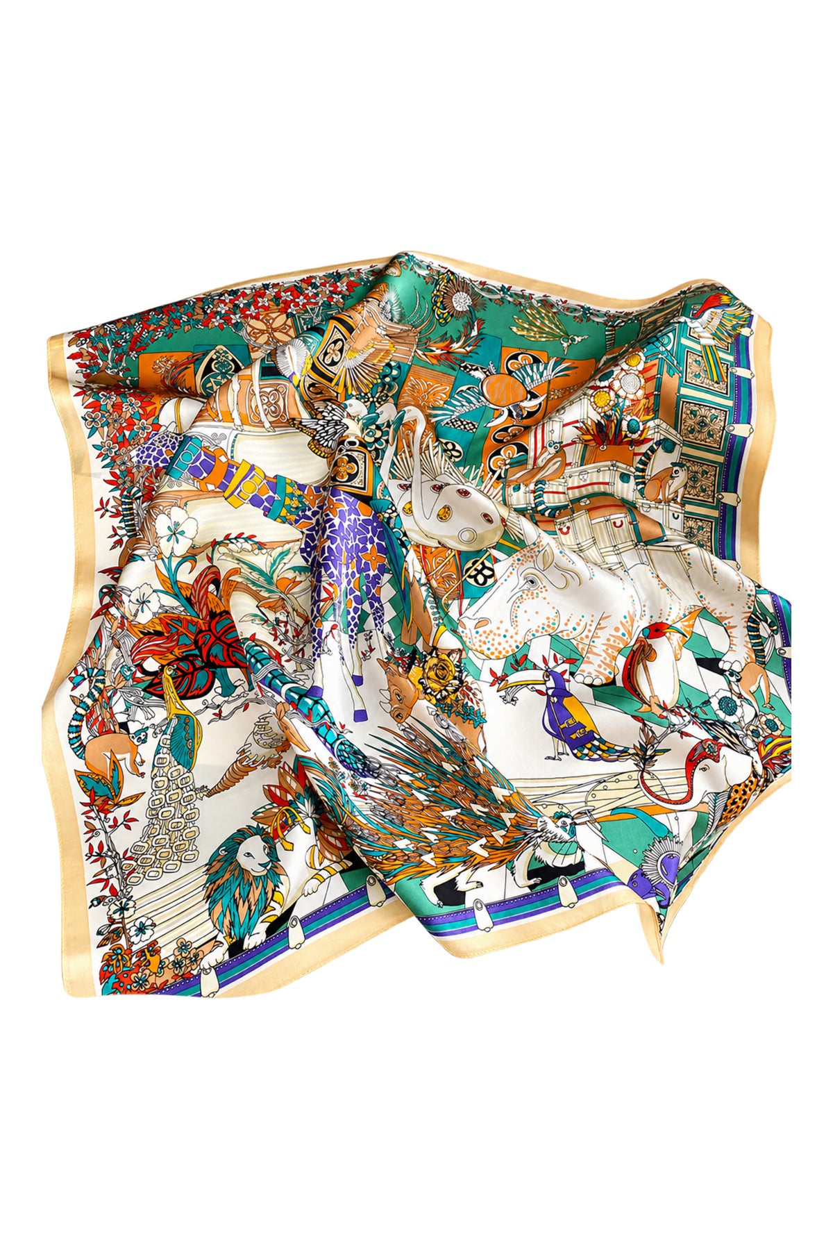 BESTIARIA - kremowo-turkusowa jedwabna apaszka damska 70 × 70 cm KAMEA