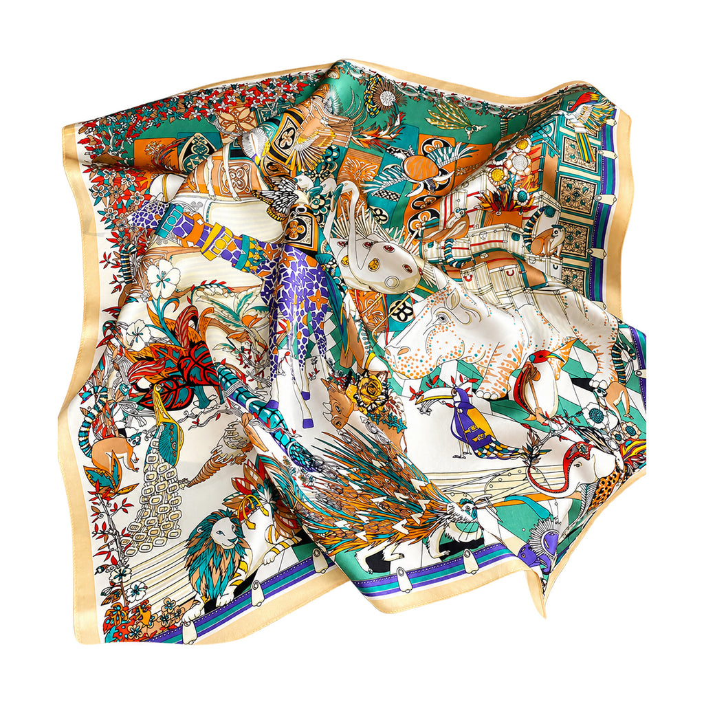 BESTIARIA - kremowo-turkusowa jedwabna apaszka damska 70 × 70 cm KAMEA