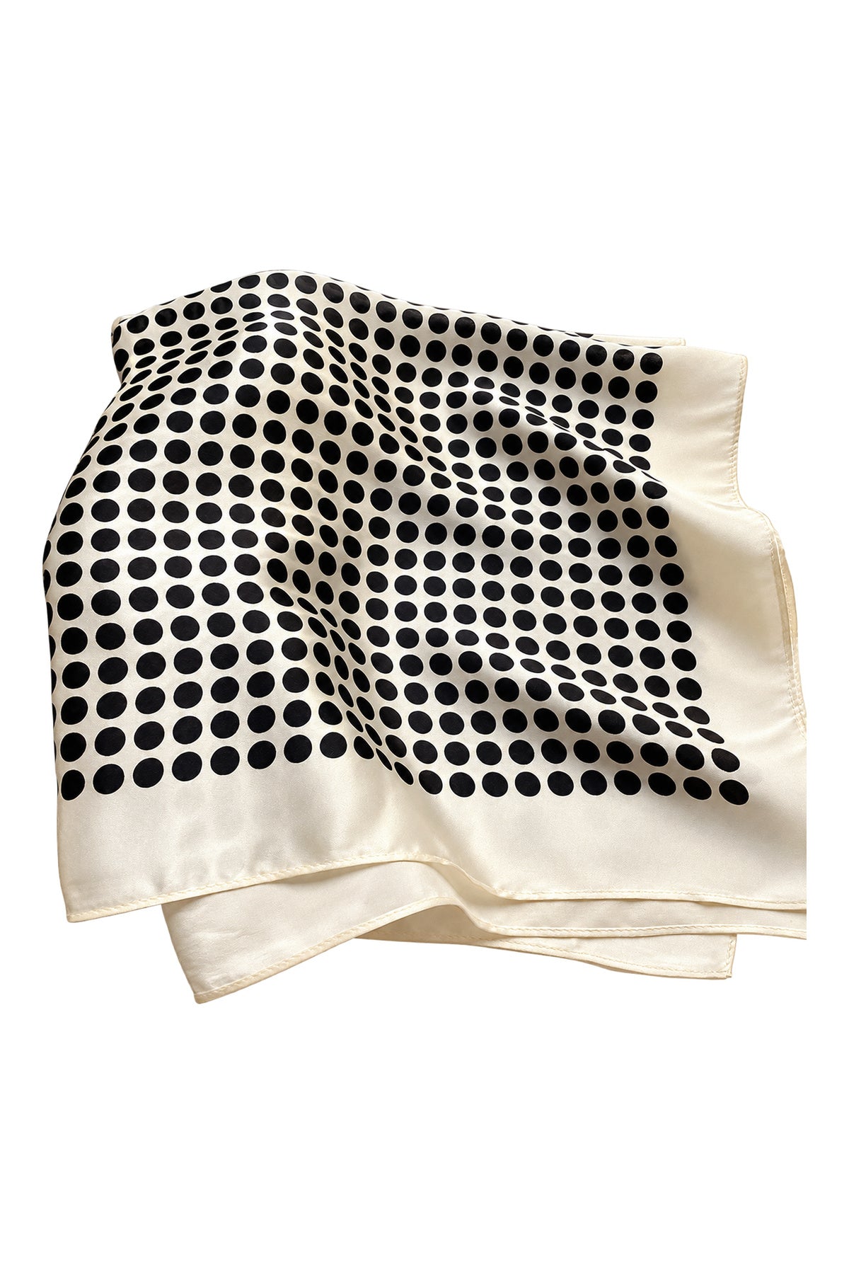 POLKA - kremowo-czarna jedwabna apaszka damska w grochy 70 × 70 cm KAMEA