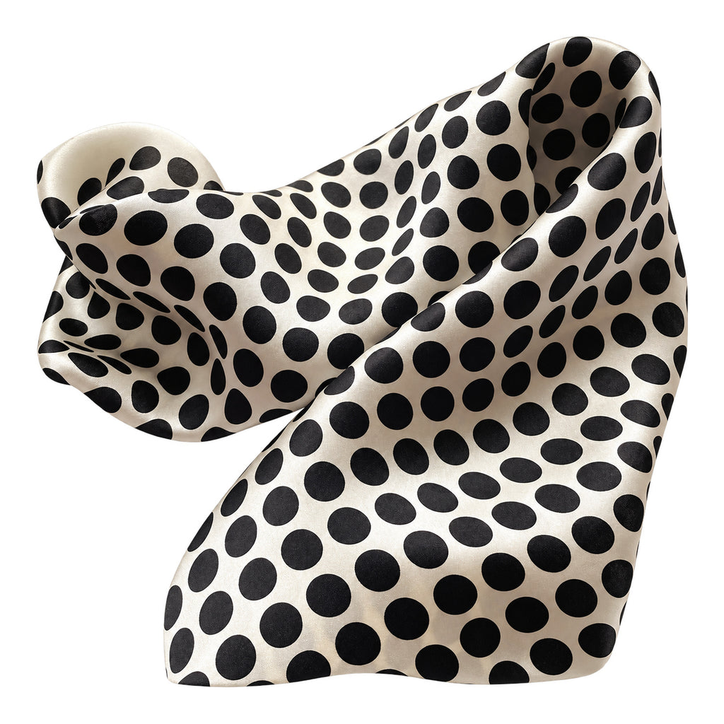 POLKA - kremowo-czarna jedwabna apaszka damska w grochy 70 × 70 cm KAMEA