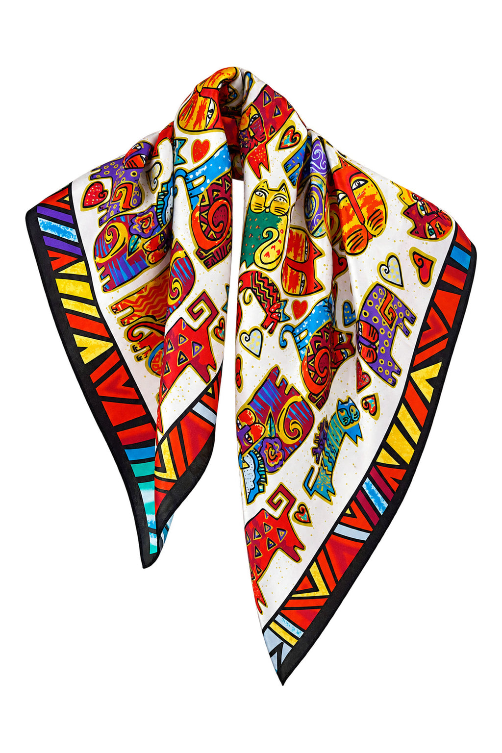 FELICITY - kolorowa jedwabna apaszka damska w koty i serca 70 × 70 cm KAMEA