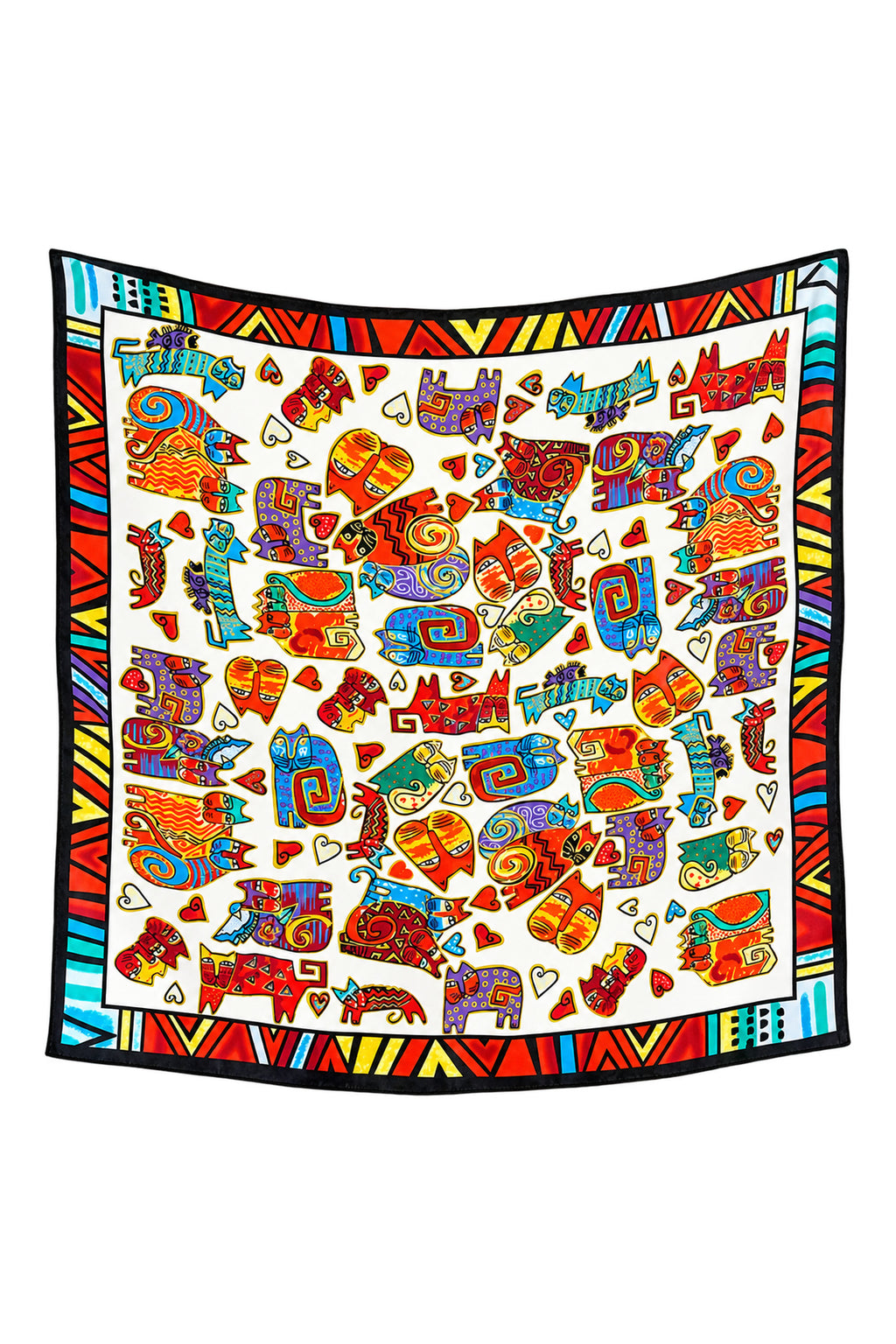 FELICITY - kolorowa jedwabna apaszka damska w koty i serca 70 × 70 cm KAMEA