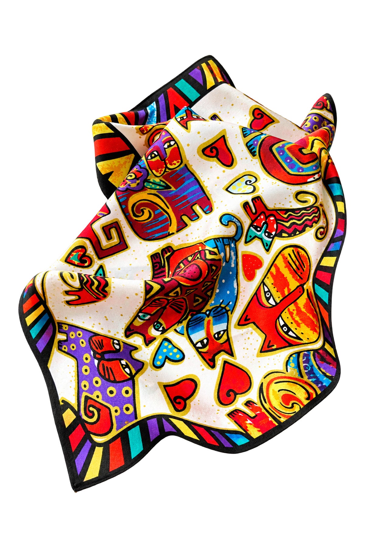 FELICITY - kolorowa jedwabna apaszka damska w koty i serca 70 × 70 cm KAMEA