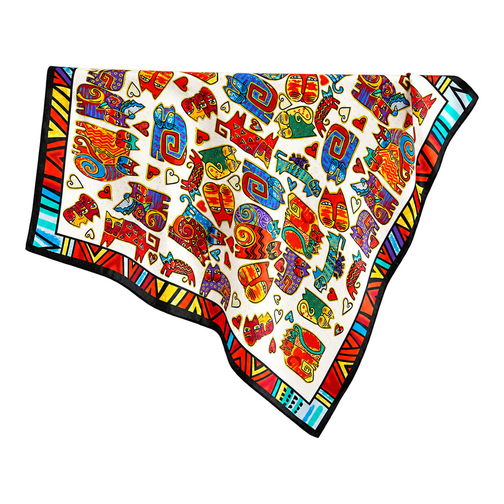 FELICITY - kolorowa jedwabna apaszka damska w koty i serca 70 × 70 cm KAMEA