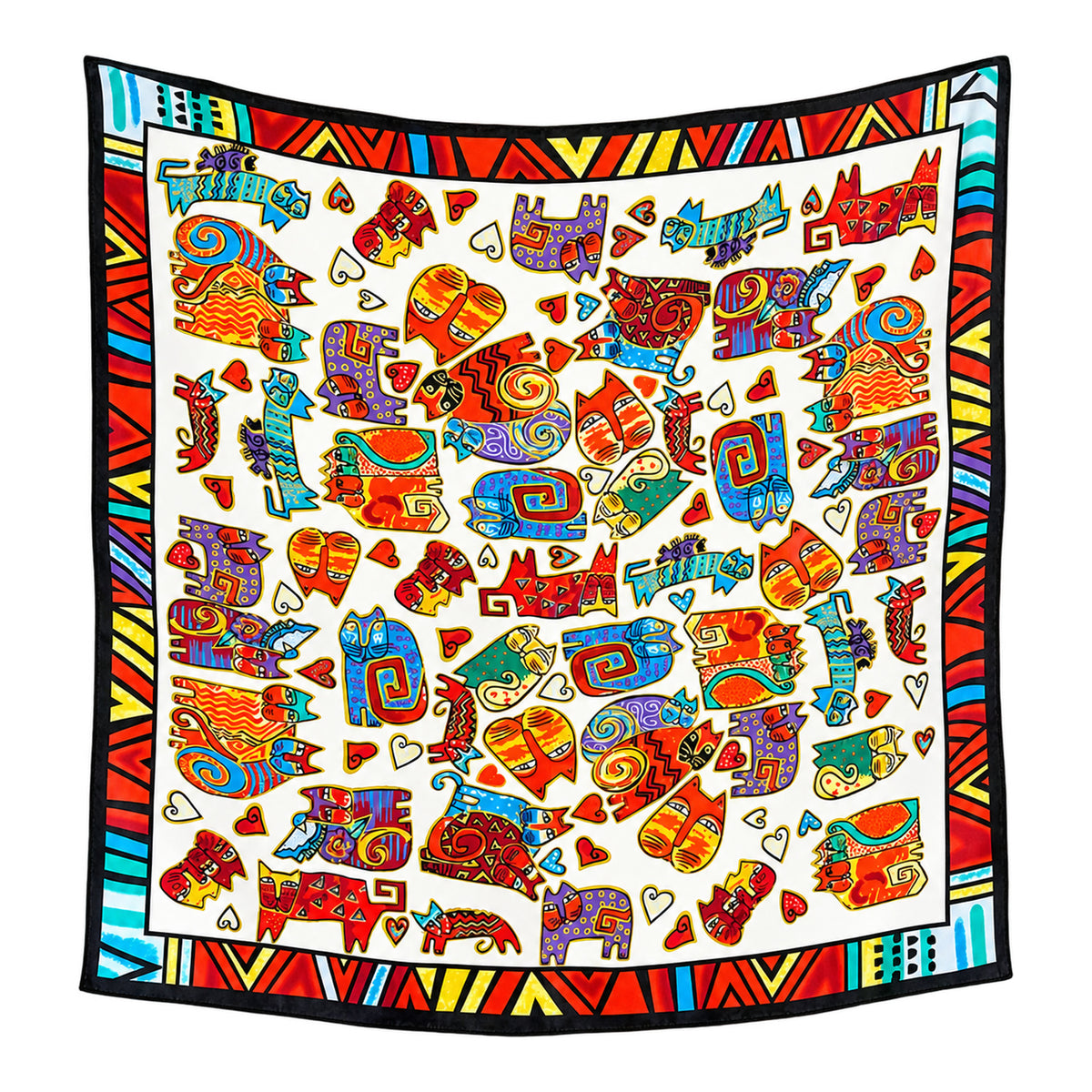 FELICITY - kolorowa jedwabna apaszka damska w koty i serca 70 × 70 cm KAMEA