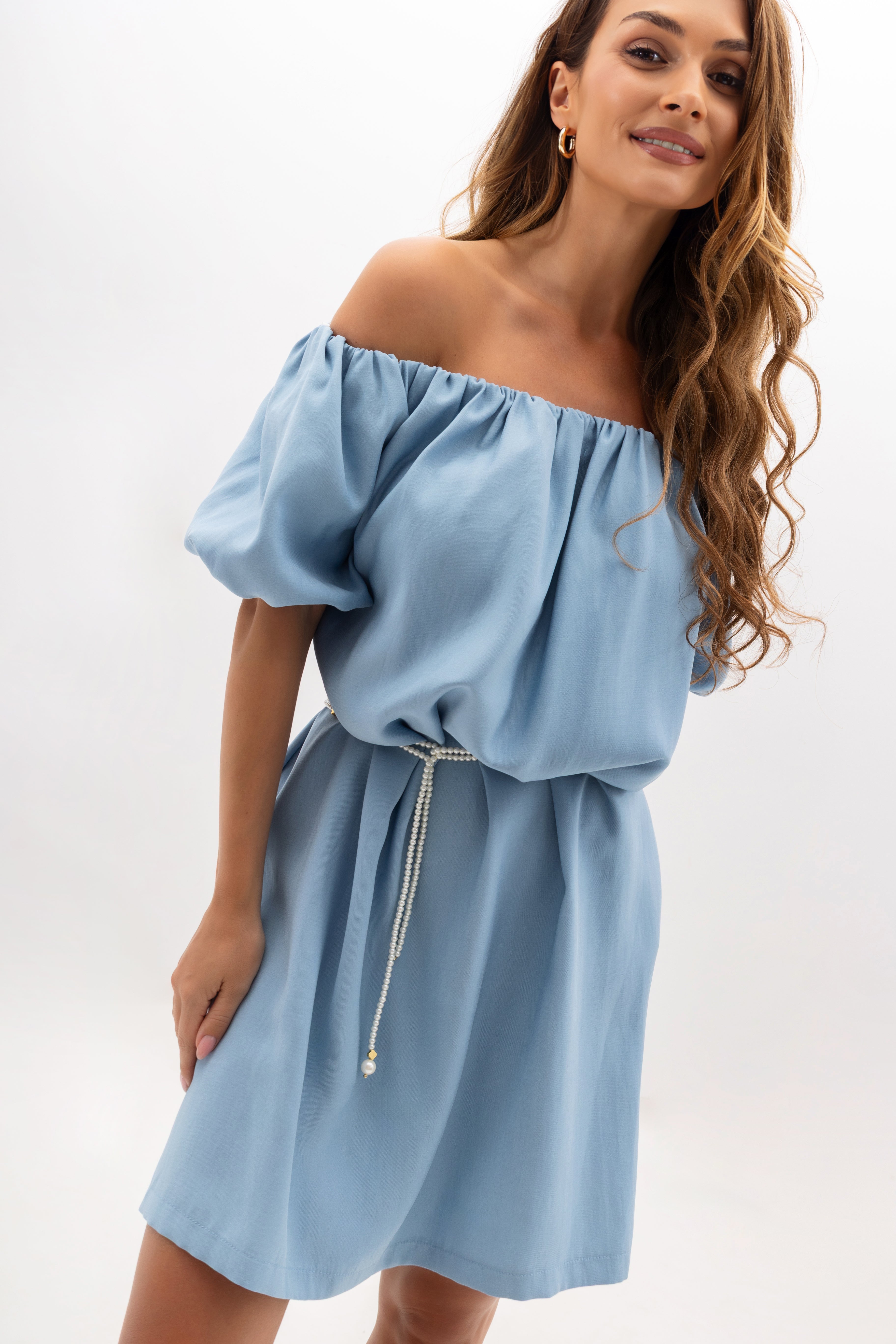 Light off-the-shoulder dress with puff sleeves in blue — perfect for a seaside vacation, summer garden party, and beach outing | Bastet | Spironik.pl