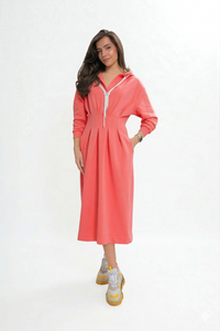 Hooded sweatshirt dress with pockets. Salmon