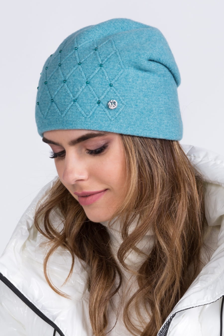 Czapka Damska, Model: Rafaela, Kolor: turkusowy, Skład materiału: 80% Wełna; 20% Poliamid, Rozmiar: Uniwersalny (54-60) (Czapka Damska, zdjęcie 2)