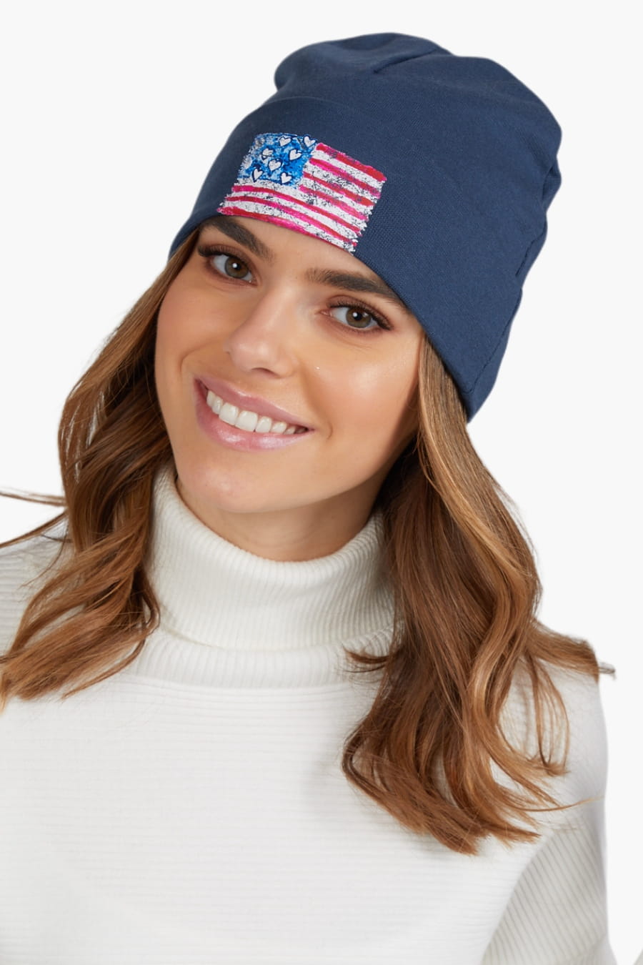 Czapka Damska, Model: Lucy-Flaga, Kolor: jeansowy, Skład materiału: 97% Bawełna; 3% Elastan, Rozmiar: Uniwersalny (54-60) (Czapka Damska, zdjęcie 2)