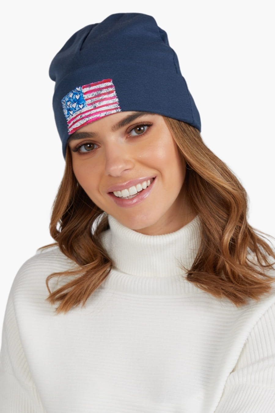 Czapka Damska, Model: Lucy-Flaga, Kolor: jeansowy, Skład materiału: 97% Bawełna; 3% Elastan, Rozmiar: Uniwersalny (54-60) (Czapka Damska, zdjęcie 4)