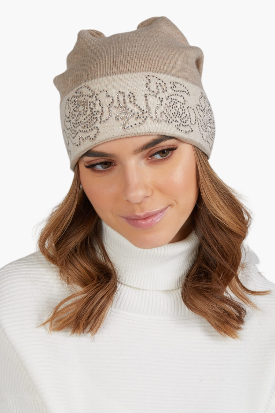 Czapka Damska, Model: Liliana_Kokarda, Kolor: ciemny beżowy, Skład materiału: 55% Akryl; 30% Wełna; 15% Poliamid, Rozmiar: Uniwersalny (54-60) (Czapka Damska, zdjęcie 9)