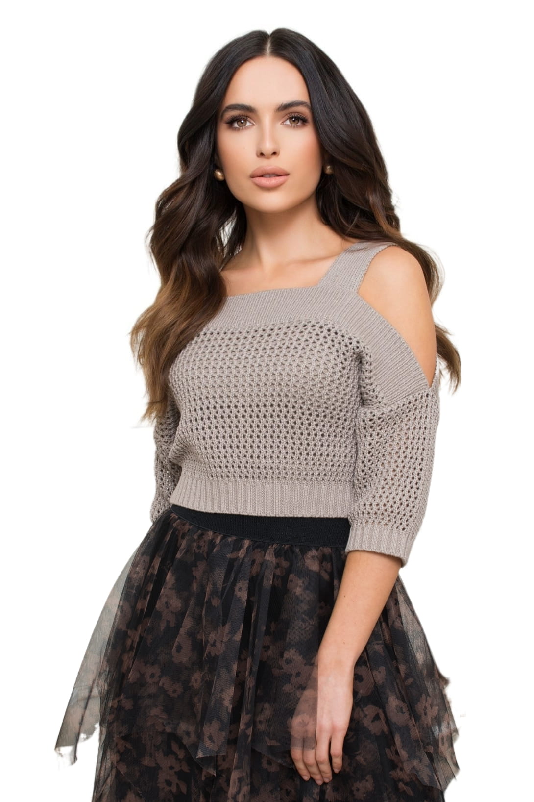 Top Damski, Model: Aurora, Kolor: ciemny beżowy, Skład materiału: 50% Bawełna ; 50% Akryl