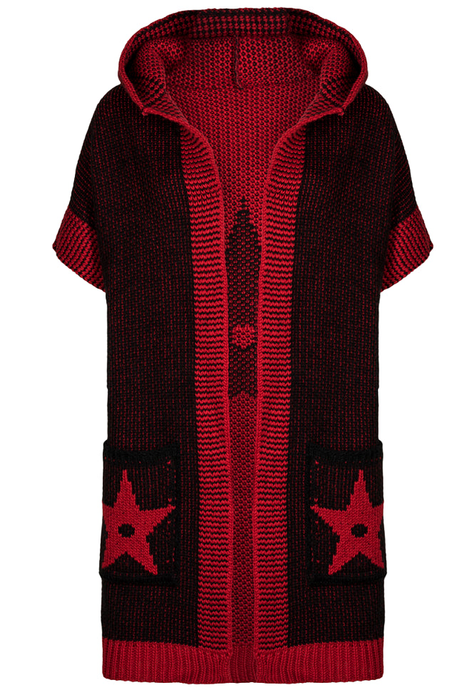 Kardigan Damski, Model: Pandora, Kolor: czarny-red, Skład materiału: 55% Poliakryl; 25% Wełna; 10% Poliester; 10% Alpaka