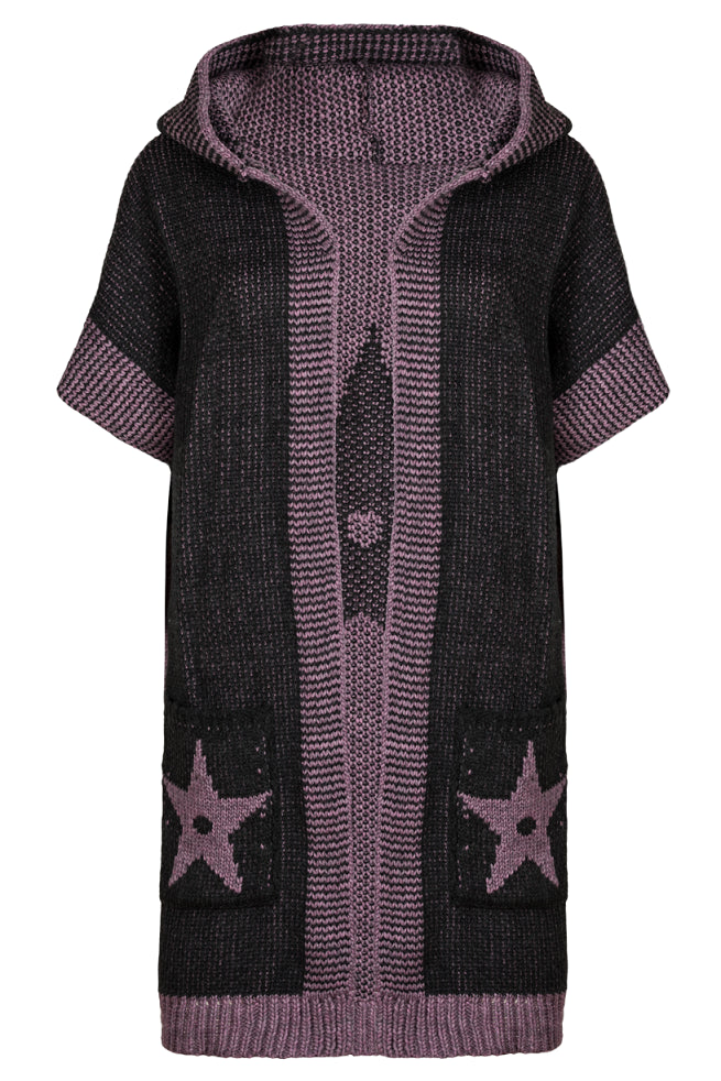 Kardigan Damski, Model: Pandora, Kolor: grafitowy-wrzos, Skład materiału: 55% Poliakryl; 25% Wełna; 10% Poliester; 10% Alpaka