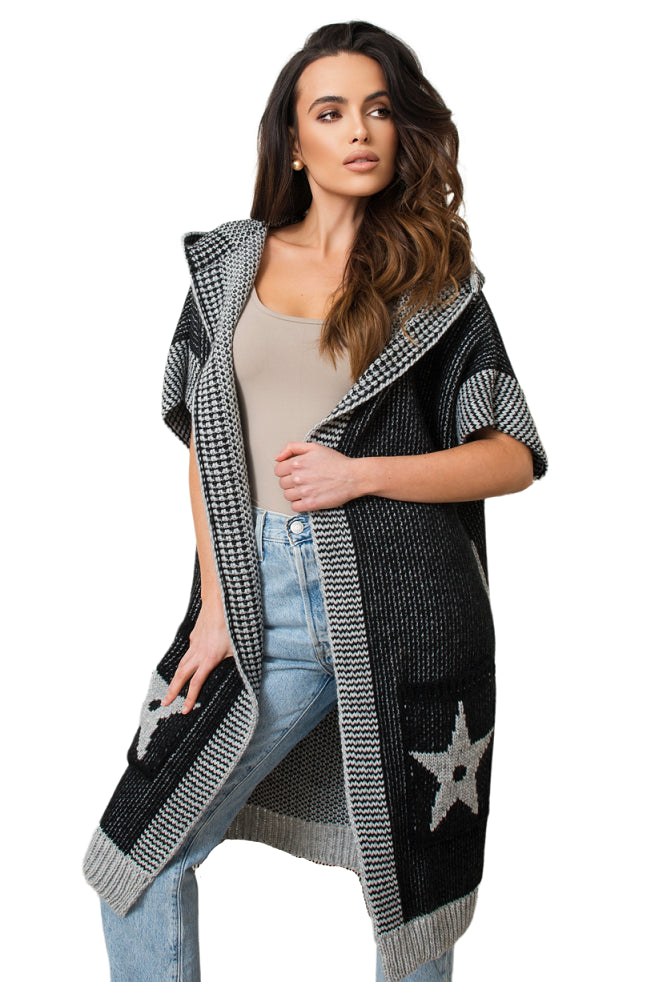 Kardigan Damski, Model: Pandora, Kolor: czarny-szary, Skład materiału: 55% Poliakryl; 25% Wełna; 10% Poliester; 10% Alpaka (Kardigan Damski, zdjęcie 2)