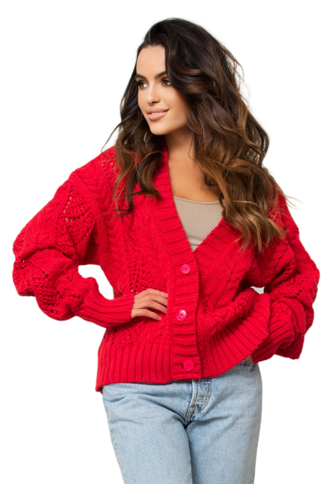 Kardigan Damski, Model: Kiara, Kolor: koralowy, Skład materiału: 60% Akryl; 30% Wełna; 10% Alpaka (Kardigan Damski, zdjęcie 2)