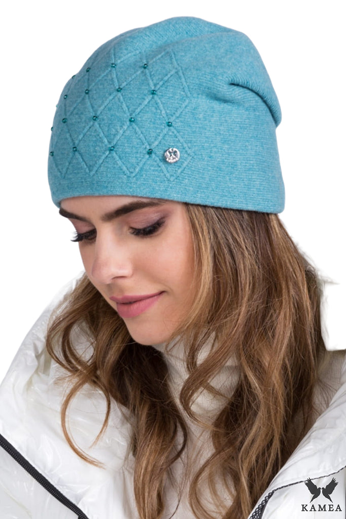 Czapka Damska, Model: Rafaela, Kolor: turkusowy, Skład materiału: 80% Wełna; 20% Poliamid, Rozmiar: Uniwersalny (54-60)