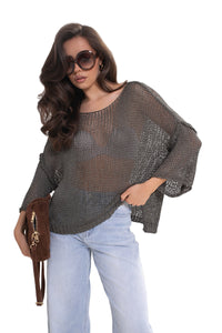 ARYA Luźny sweter damski ażurowy oversize. Kolor Khaki