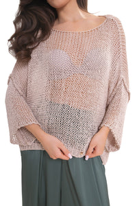 ARYA Luźny sweter damski ażurowy oversize. Kolor Jasny beż