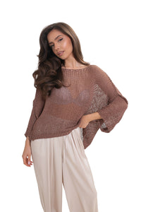 ARYA Luźny sweter damski ażurowy oversize. Kolor Cappuccino
