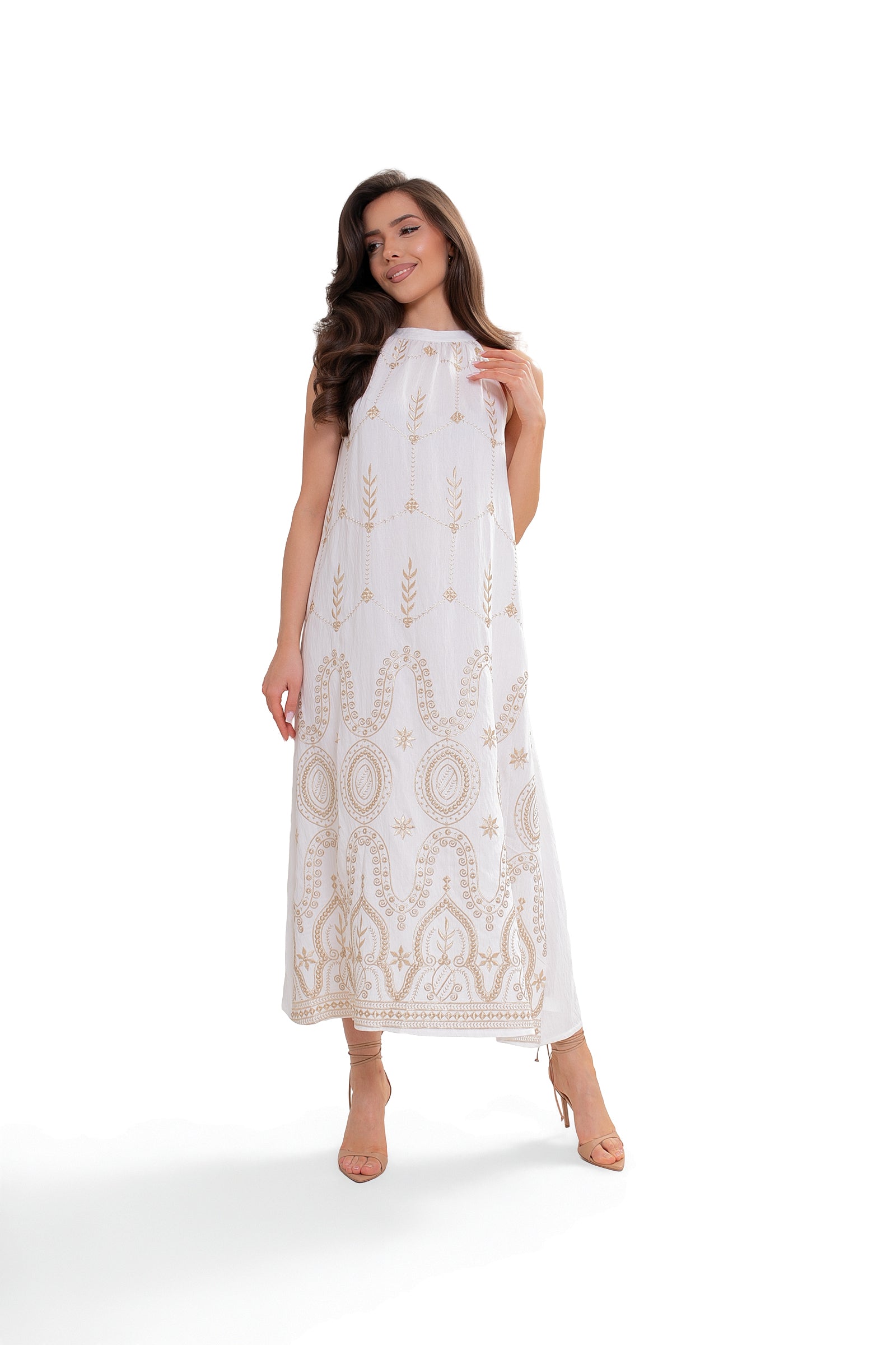 ALBA Embroidered cotton maxi dress. Color Ecru