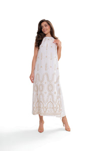 Women's Summer Maxi Cotton Embroidered Sleeveless Dress Ecru