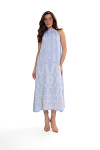 Women's summer maxi cotton embroidered sleeveless dress Blue