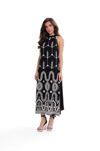 Women's summer maxi dress, cotton, embroidered, sleeveless, Black