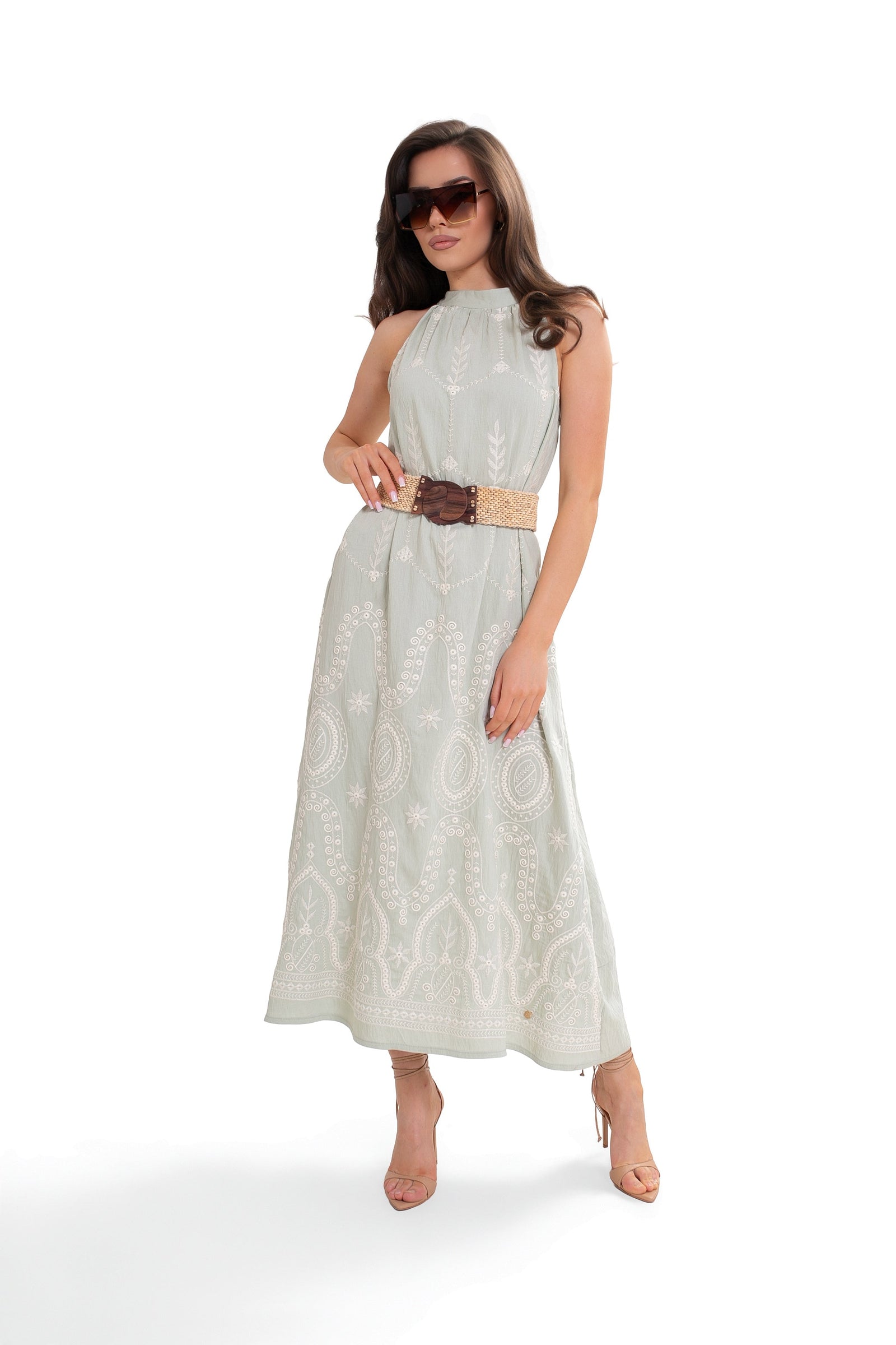 ALBA Embroidered cotton maxi dress. Color Pistachio