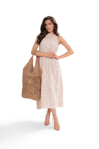 Women's Summer Maxi Dress, Cotton, Embroidered, Sleeveless, Beige