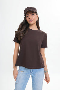 Baumwollbluse mit Schulterpolstern - ein elegantes Basic. Farbe Schokolade