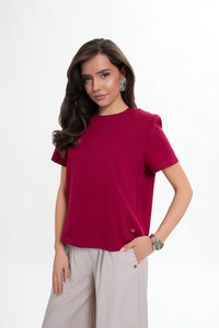 Baumwollbluse mit Schulterpolstern - ein elegantes Basic. Farbe Bordeaux