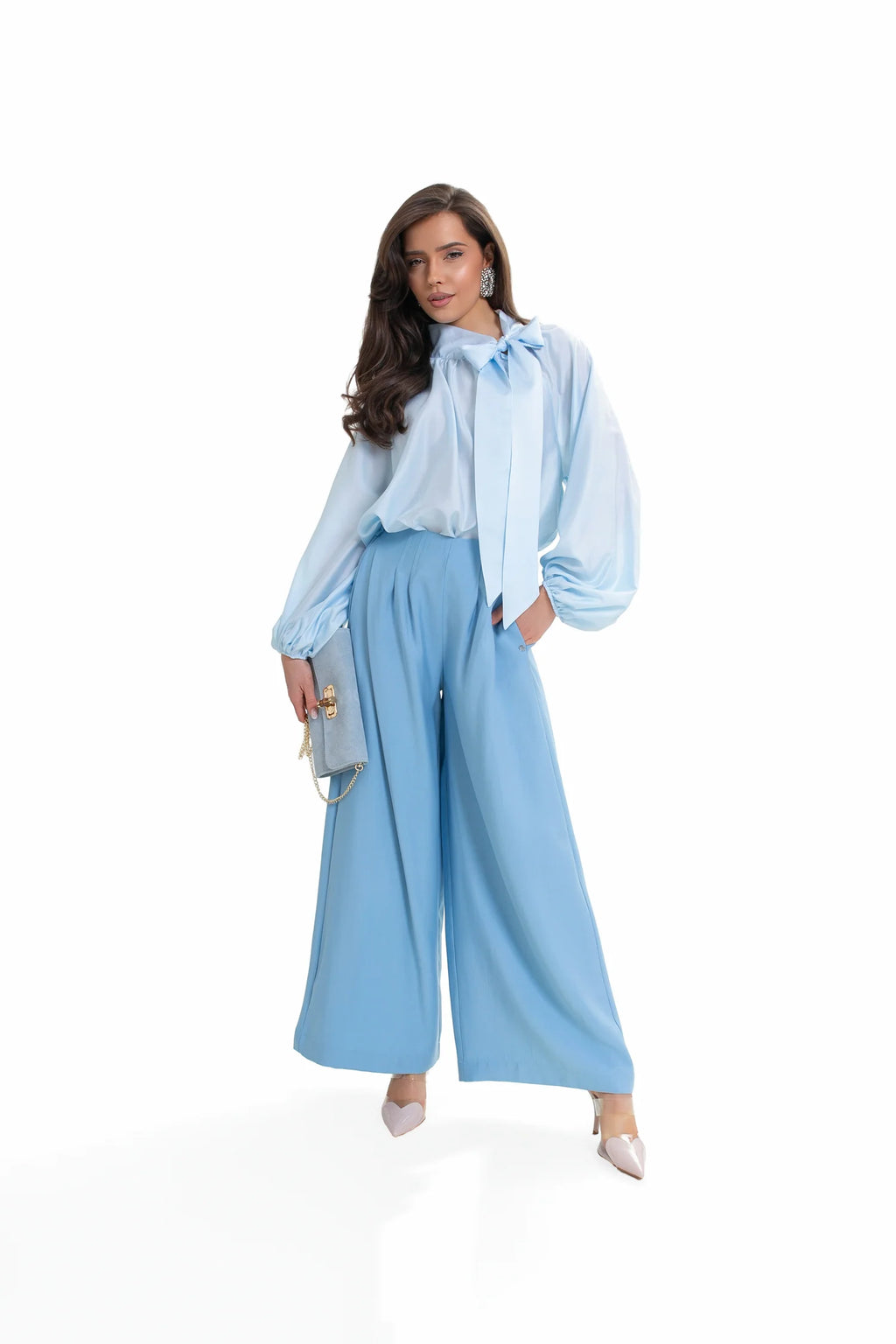 Elegant women's shirt with a bow and puffed sleeves. Color: Sky Blue