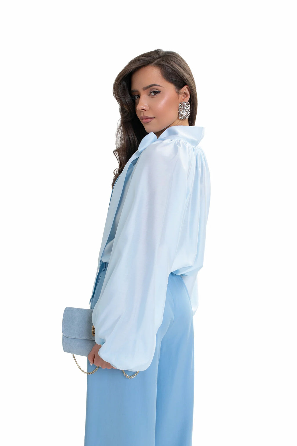 Elegant women's shirt with a bow and puffed sleeves. Color: Sky Blue
