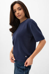 Kurzärmelige Strickbluse – Bastet von Agnieszka Włodarczyk. Marineblau