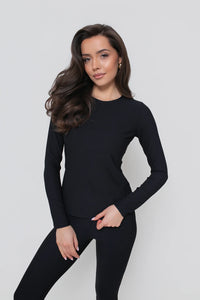 Women's long-sleeved blouse with a delicate ribbed trim - fitted, stretchy. Color: Black
