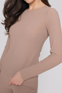 Women's long-sleeved blouse with a delicate ribbed trim - fitted, stretchy. Beige color