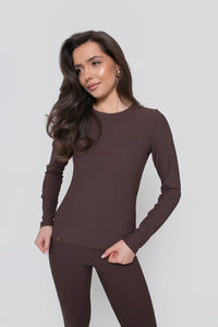 Women's long-sleeved blouse with a delicate ribbed trim - fitted, stretchy. Chocolate color