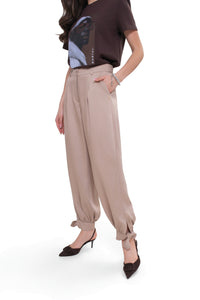 Elegant women's trousers - tied legs, high waist. Colour Dark beige