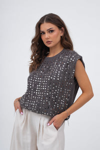 GLOW Shiny Sequin Cable Top. Steel Color