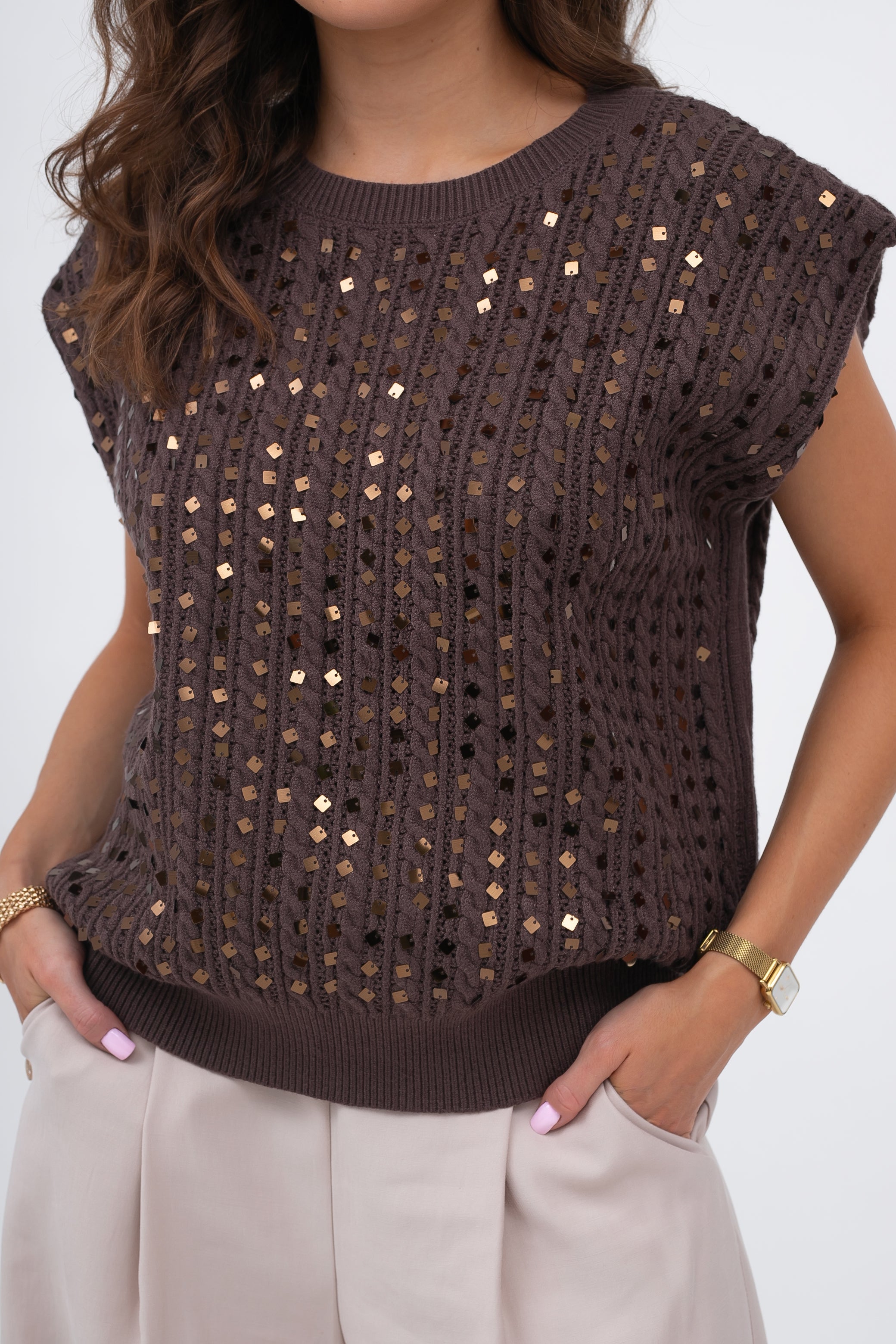 Błyszczący top warkoczowy z cekinami GLOW, idealny na wyjątkowe okazje | Bastet | Spironik.pl