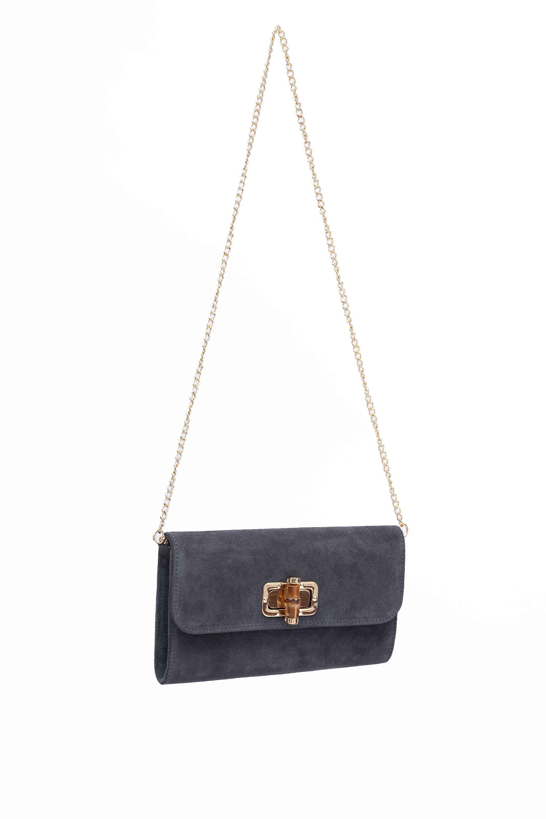 Elegancka torebka zamszowa z oryginalnym bambusowym zapięciem w złotej ramce | Bastet | Spironik.pl