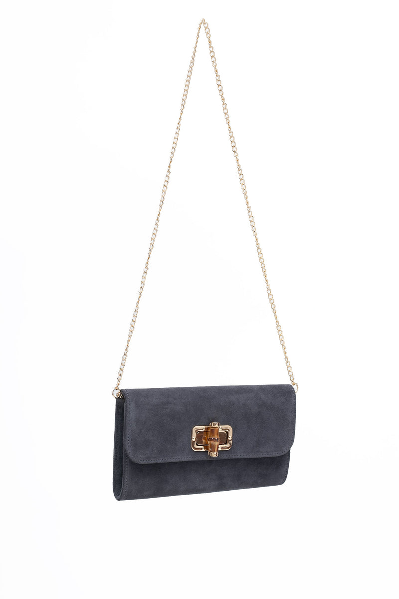Grafitowa torebka zamszowa z miękkiego naturalnego materiału z bambusowym zapięciem w złotej ramce | Bastet | Spironik.pl