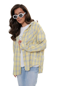 Women's oversized plaid shirt with a hood. Color Yellow-Gray